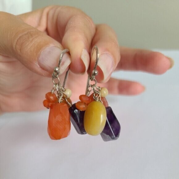 Vintage 80s Boho Barse Sterling Silver Amethyst Gemstone Beaded Dangle Earrings - Picture 6 of 10